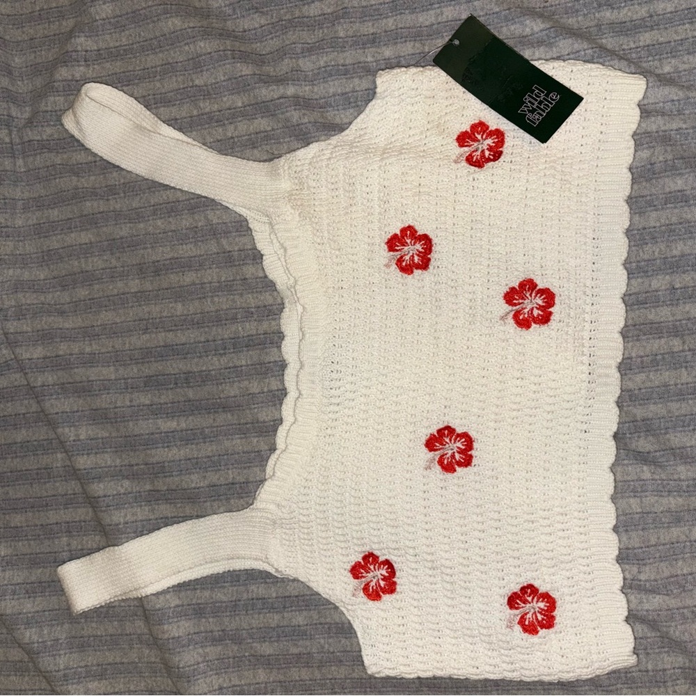 White Knit Crop Top with Red Floral Accents